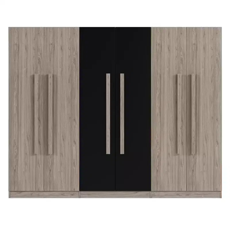 83W 6-türiger Kleiderschrank Garderobenschrank Aufbewahrungsschrank mit 2 Schubladen, Kleiderstangen und Ablageflächen, Schwarz+Natur-ModernLuxe