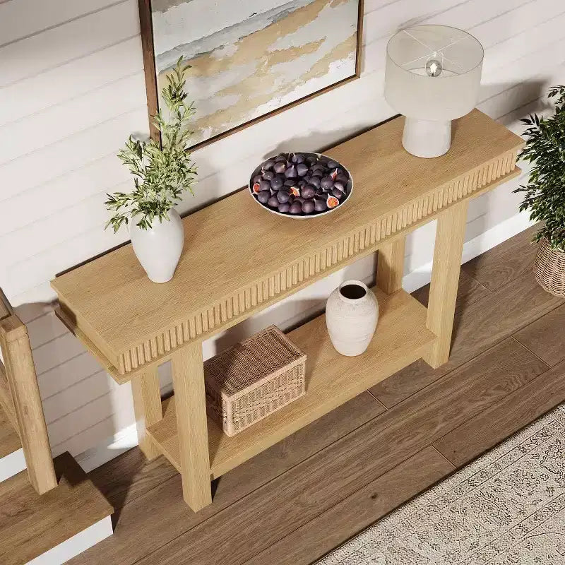 Geriffelter Konsolentisch aus Holz, Bauernhausstil, 2 Etagen mit Ablagefach, rechteckiger schmaler Eingangstisch, hinter dem Sofa, für Foyer, Flur, Wohnzimmer