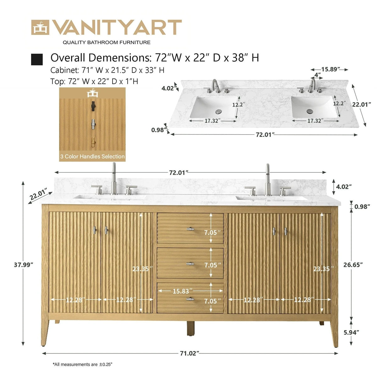 Vanity Art 72 Zoll Badezimmer-Waschtischunterschrank mit Doppelwaschbecken und Kunstmarmorplatte
