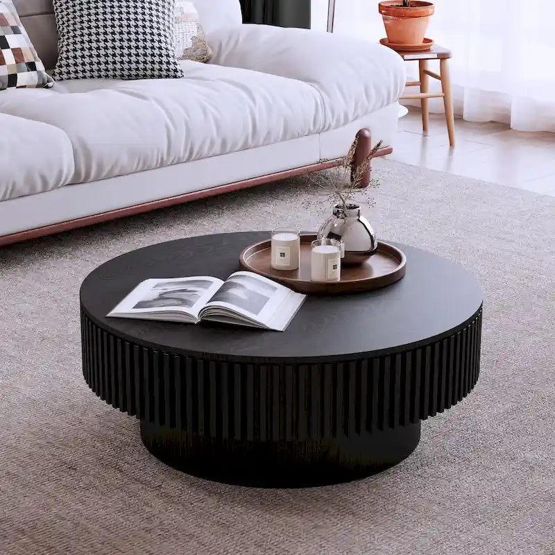 Moderner runder Couch-/Teetisch aus massivholzfurniertem Holz mit Stauraum