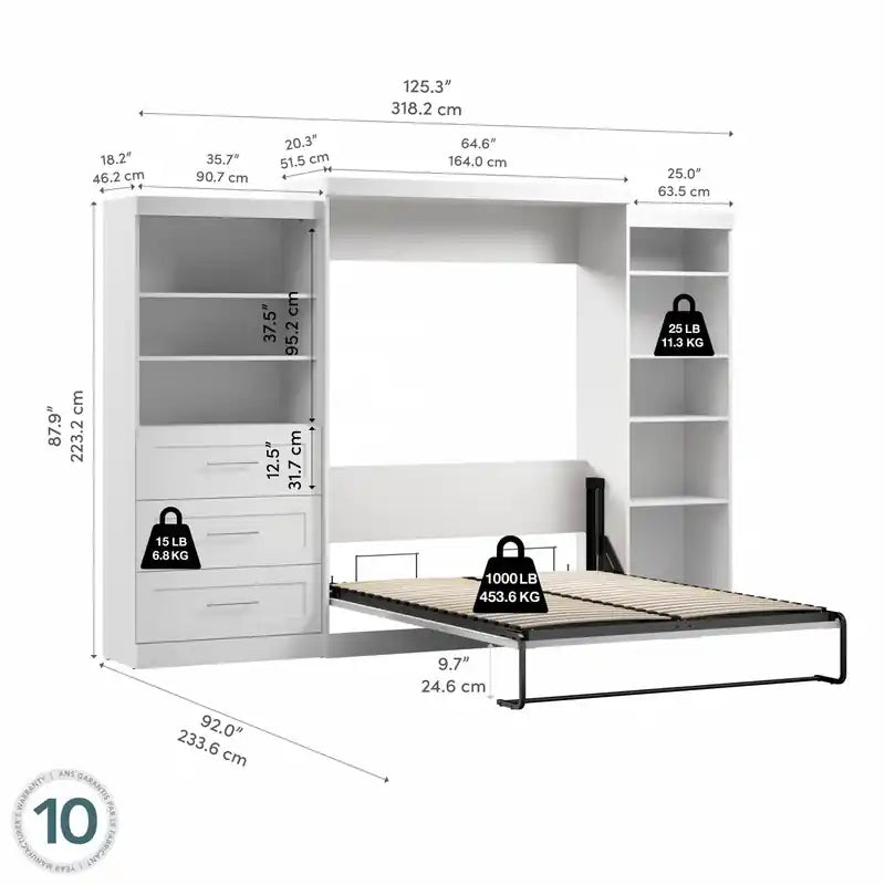 Schrankbett und zwei Regale mit Schubladen, 320 cm breites Wandbett