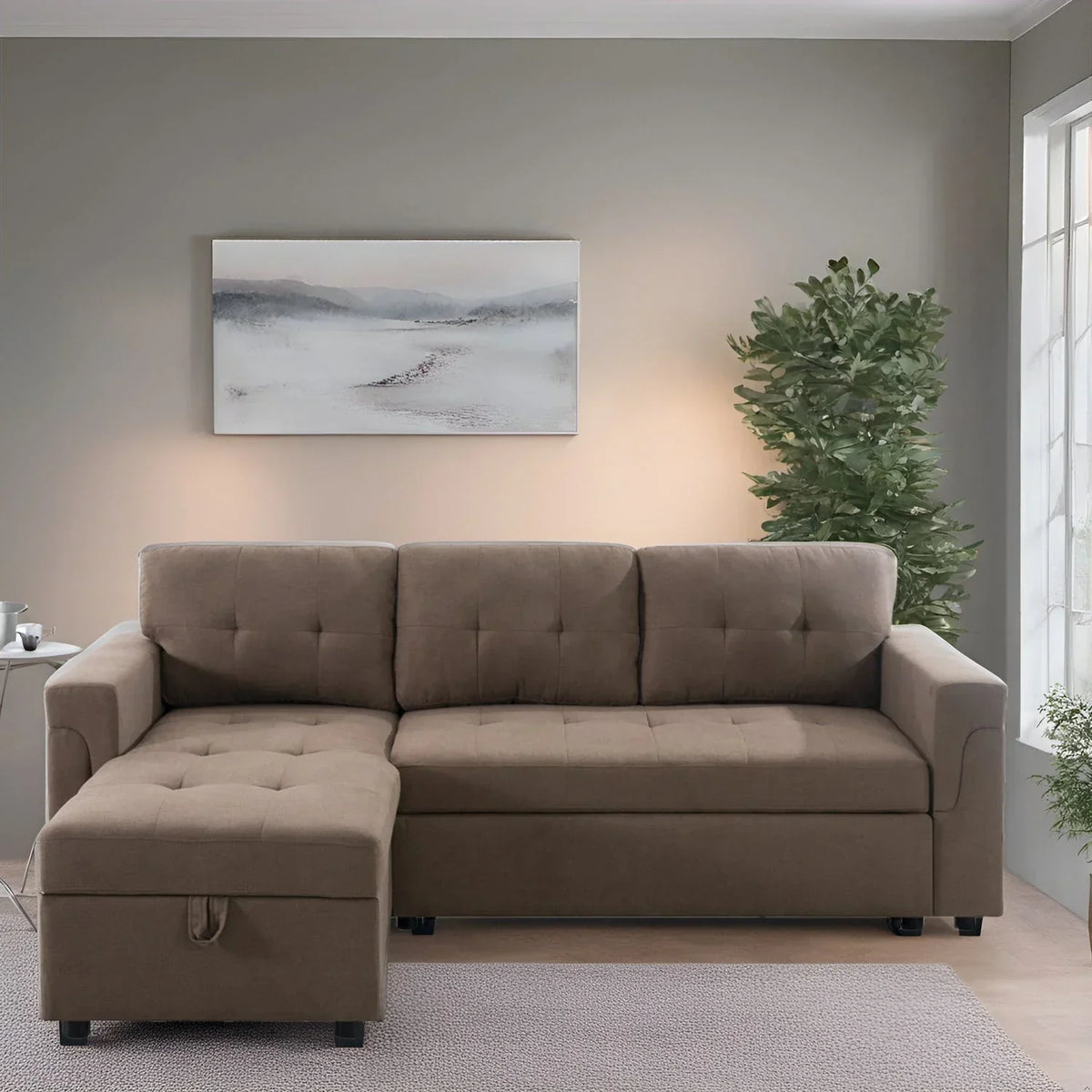 Verwandelbares, umbaubares Ecksofa mit ausziehbarem Schlafsofa, versteckter Aufbewahrung in der Récamiere und robusten Beinen