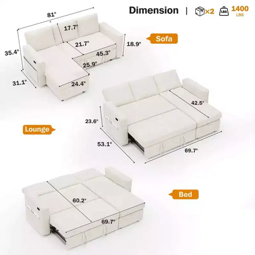 2-in-1 Schlafsofa zum Ausziehen mit Stauraum-Recamiere, Chenille-Ecksofa mit USB-Anschlüssen für das Wohnzimmer