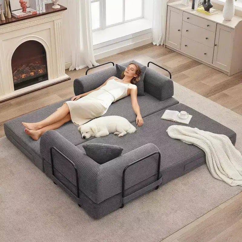 2-in-1 Schlafsofa, bequemes klappbares Cord-Schlafsofa mit tiefer Sitzfläche und breiten Armlehnen, knochenloses Sofa, für Wohnzimmer, Apartments