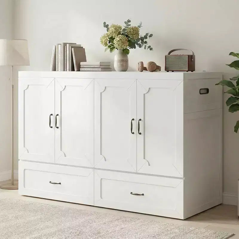 Mjkone Queen-Size-Schrankbett mit Matratze, USB-Ladeanschluss und Aufbewahrungsschubladen