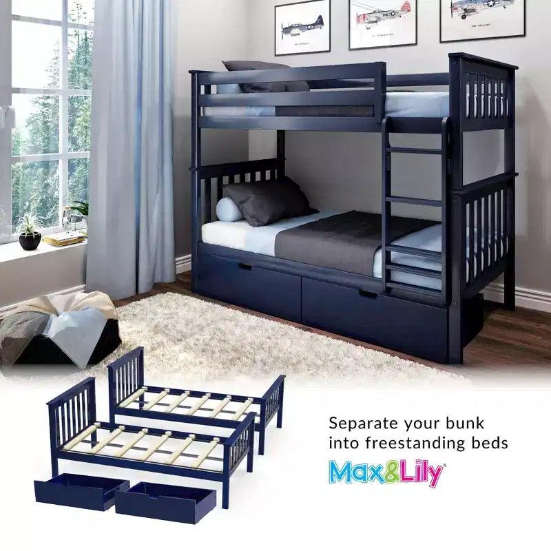 Massivholz-Etagenbett für Kinder (Twin über Twin) mit Schubladen unter dem Bett