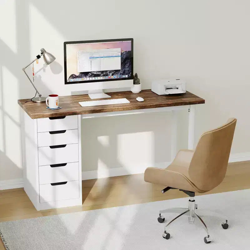 47 Zoll Computertisch mit 5 Schubladen, umkehrbarer moderner rustikaler Schreibtisch, Home-Office-Arbeitsplatz für kleine Räume