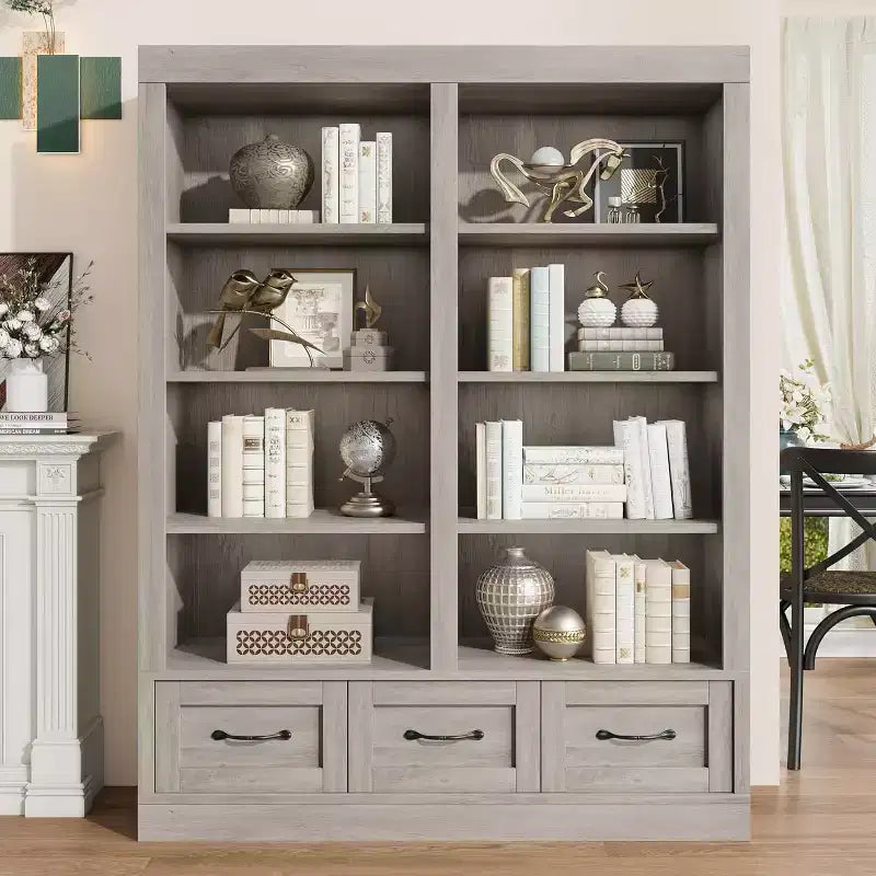 64 H Bücherregale und Bücherschränke, Bücherregal mit 3 Schubladen, 4-lagiges doppelt breites offenes Regal für Büro Wohnzimmer