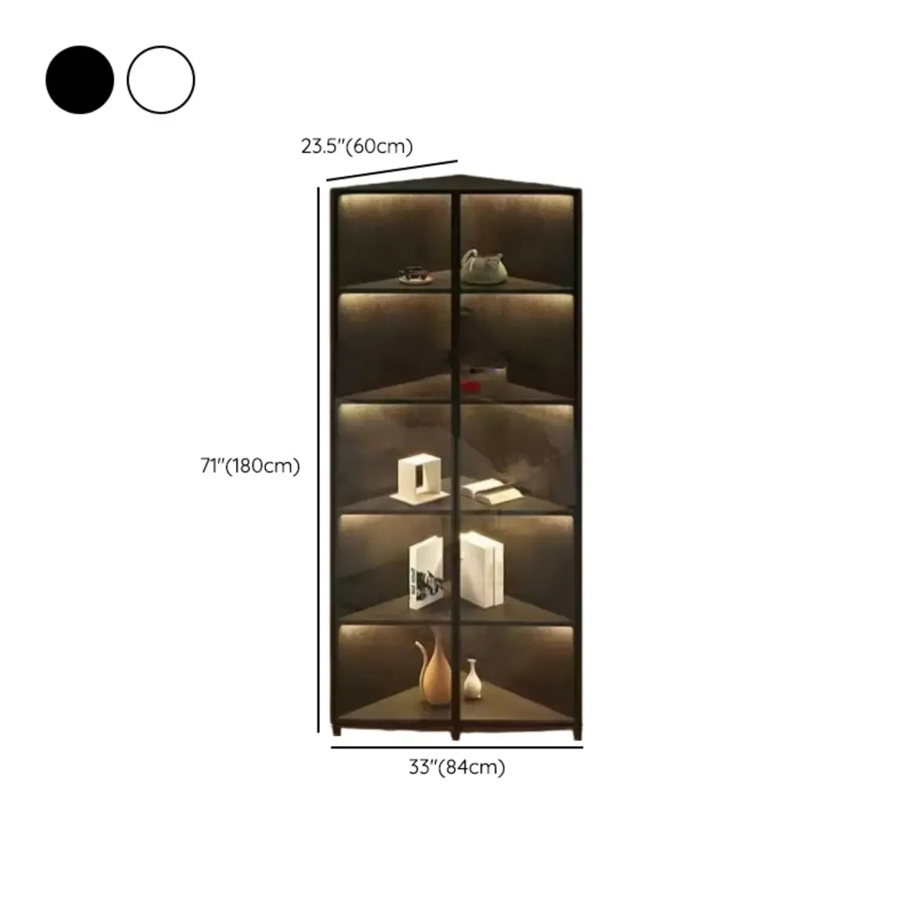 Modernes graues Eck-Standregal aus Metall und Holz mit Glastür