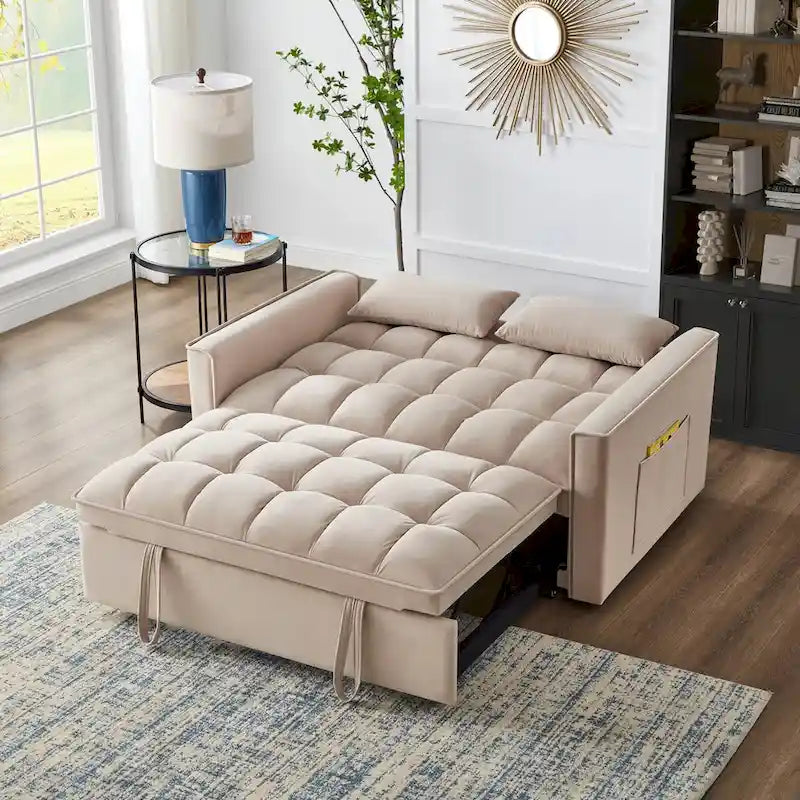 4-in-1 Loveseat Schlafsofa mit Armlehnen & Aufbewahrungstaschen, Multifunktionales getuftetes Ausziehsofa mit verstellbarer Rückenlehne