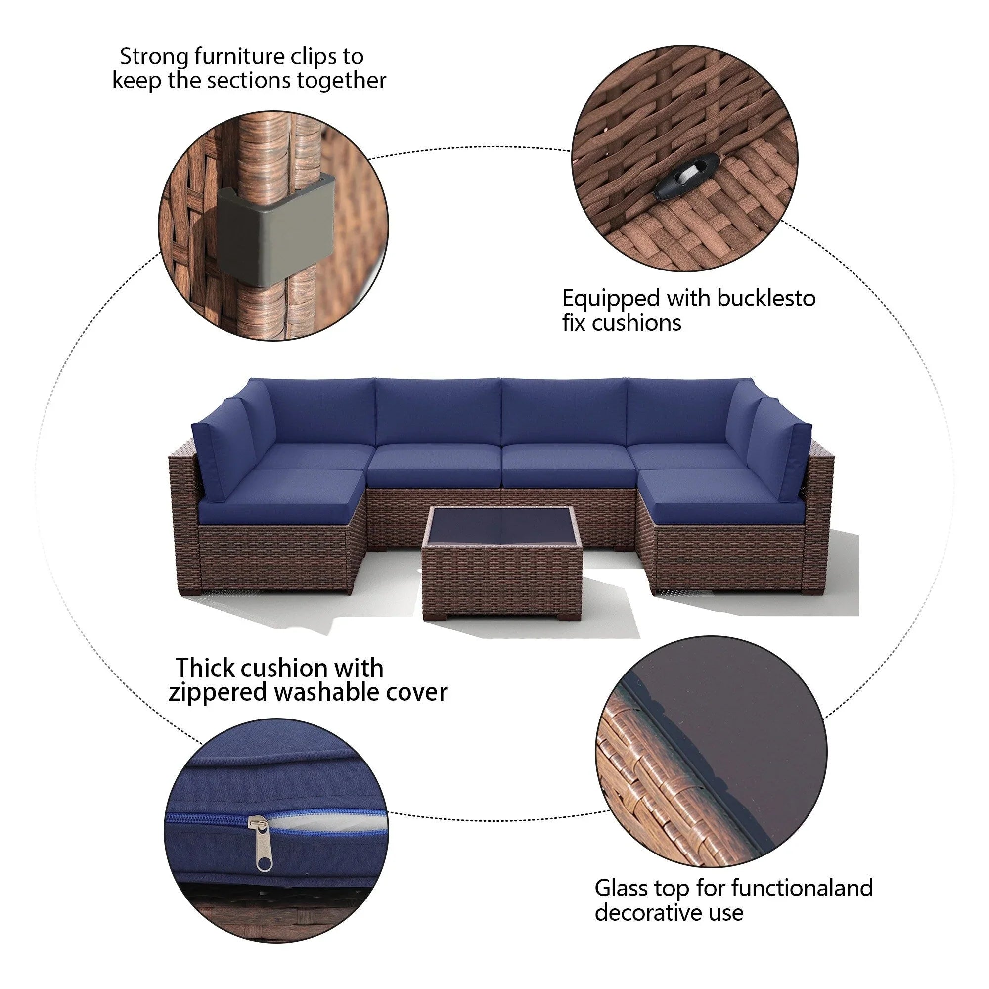 7-teiliges Outdoor-Sofa-Set aus Korbweide/Stahl mit Polstern