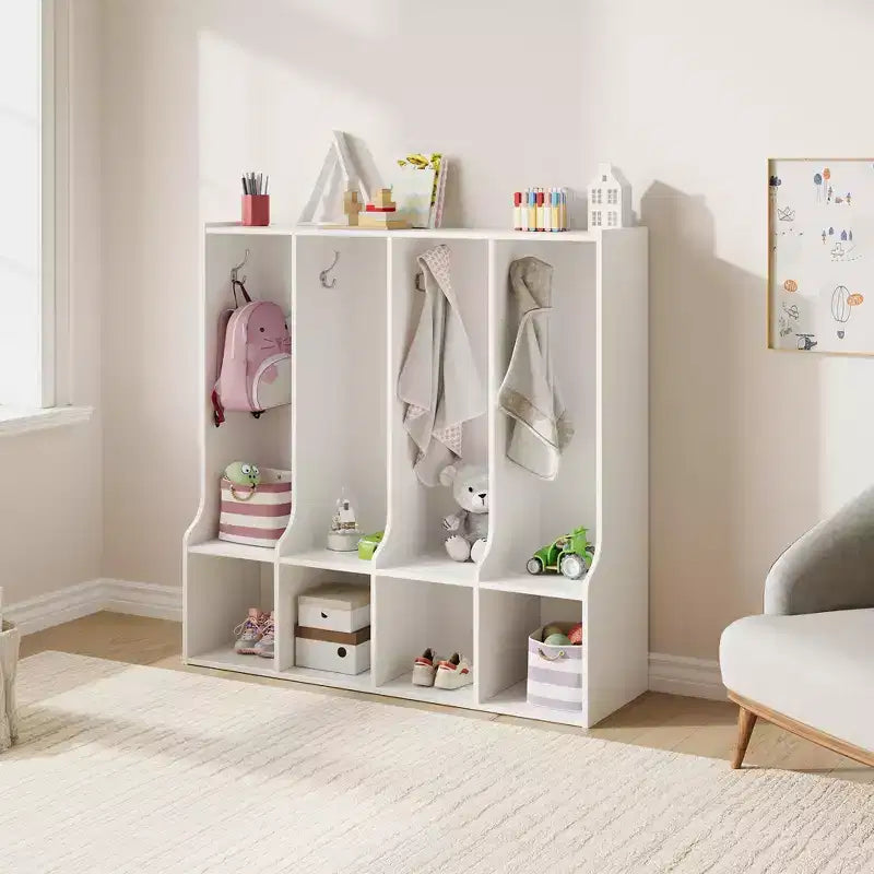 Braun/Weißes Garderobenfach mit 4 Abschnitten und 8 Haken, für Kinder