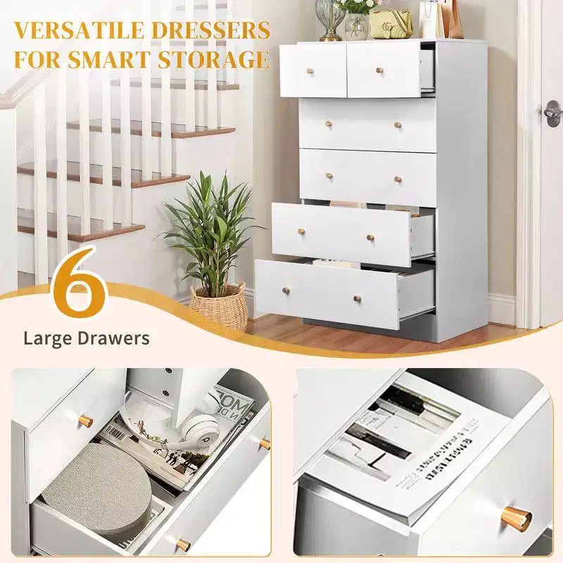 Karl Home 6-Schubladen-Kommode groß für Schlafzimmer und Wäscheschrank mit stabiler Konstruktion Holz-Organizer für den Kleiderschrank in Weiß