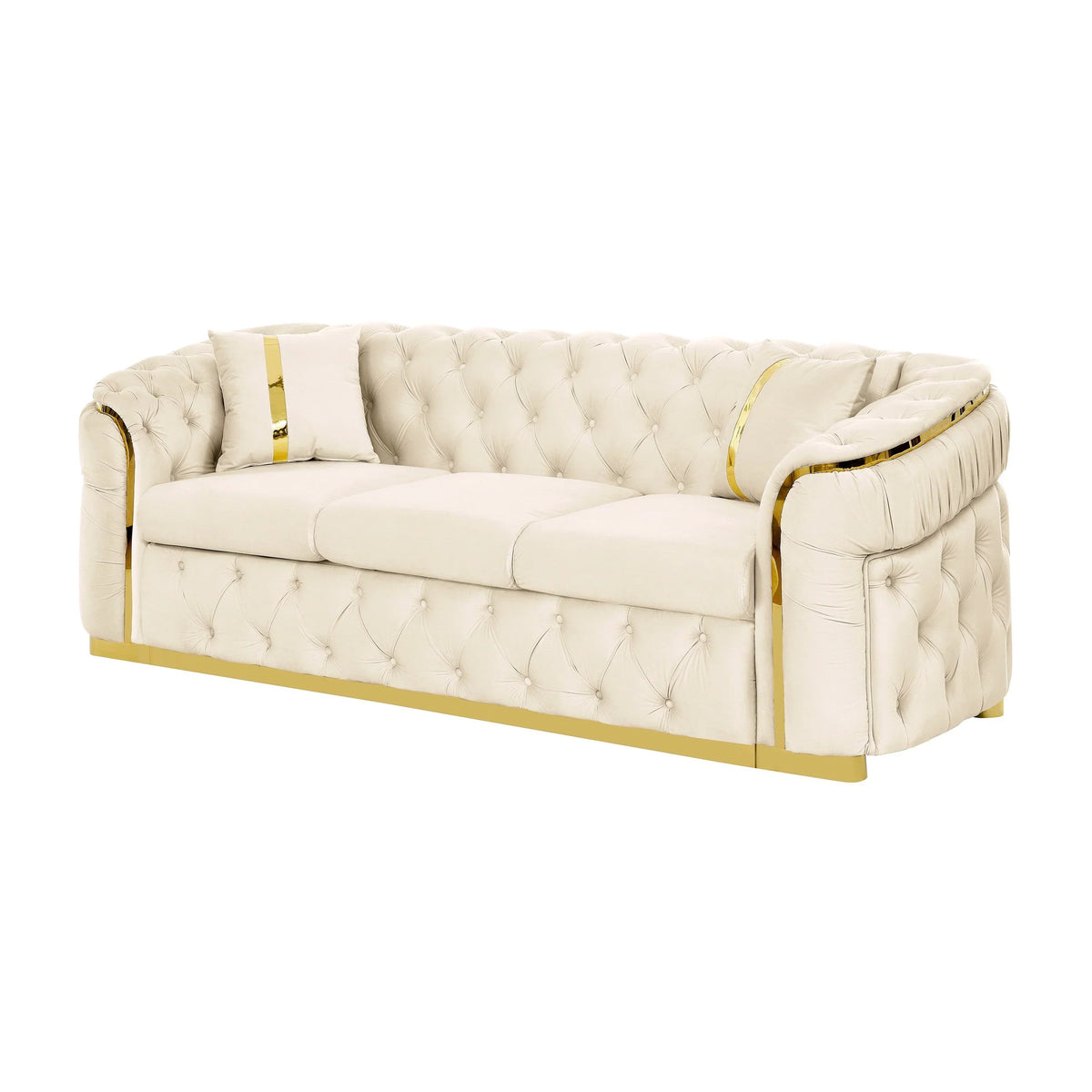 90.6 Samt-Dreisitzer-Sofa mit 2 Kissen, hochdichten Polstern, goldenen Akzenten und Kissen