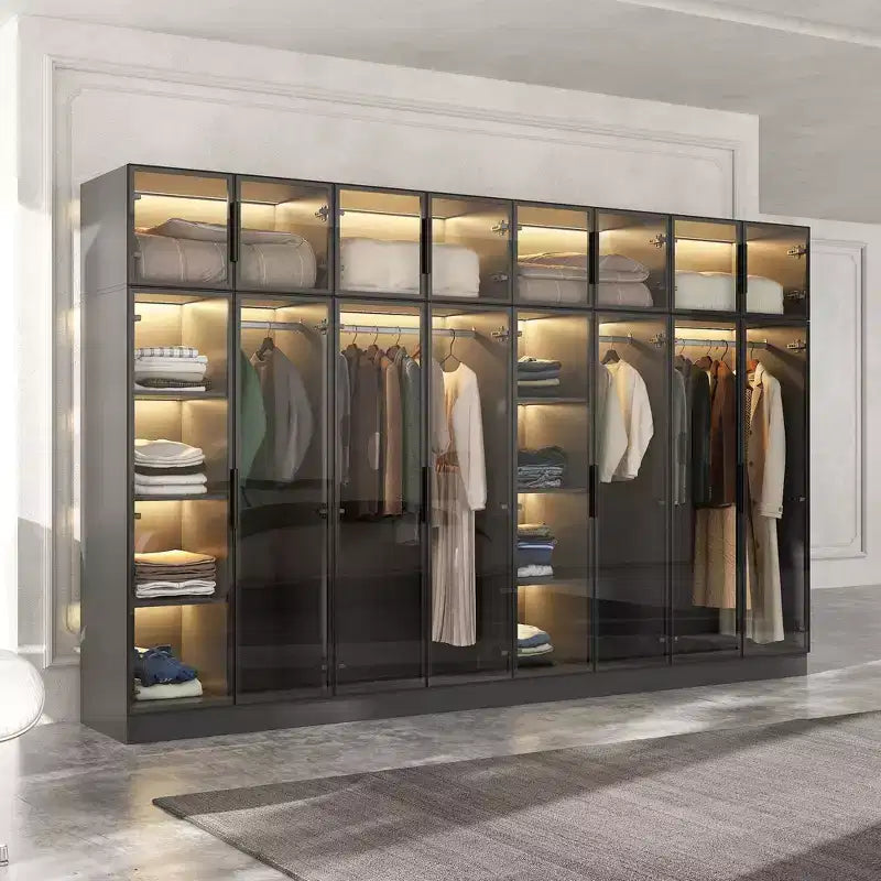 Hitow Pure Black Luxus-Kleiderschrank mit Türen aus gehärtetem Glas, 3-Farben-LED-Beleuchtung, vom Boden bis zur Decke reichender Schlafzimmerschrank-Organizer, Ankleidezimmerschrank