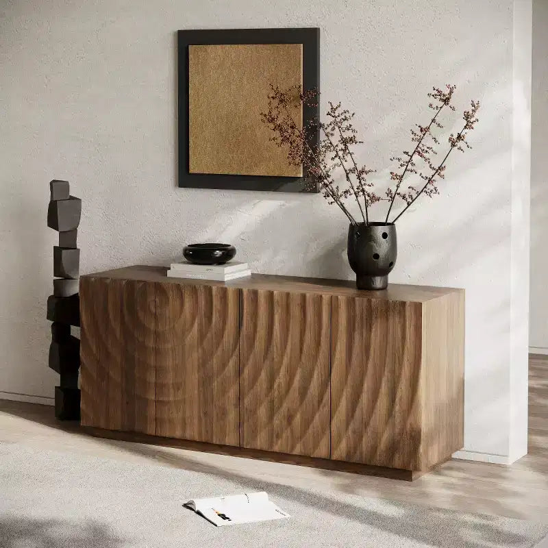 59 Modernes Spiral-Sideboard-Buffetschrank, flaches Kunst-Eingangs-Aufbewahrungsschrank mit 3D-Riffeltextur-Türen