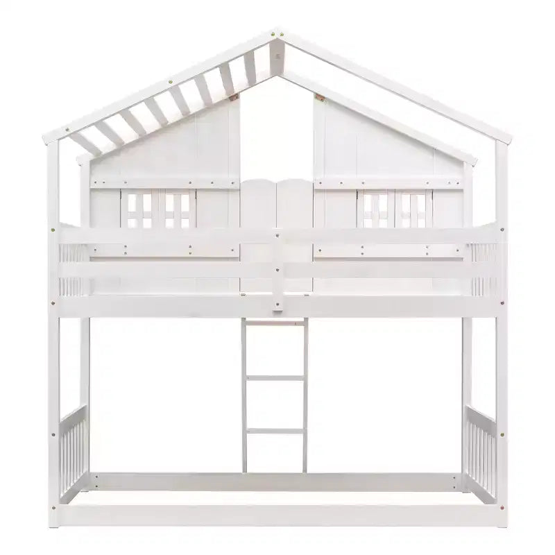 Doppel-Loftbett in Hausform, Holzspielhaus-Loftbett mit Leiter und Schutzgittern für Kinder