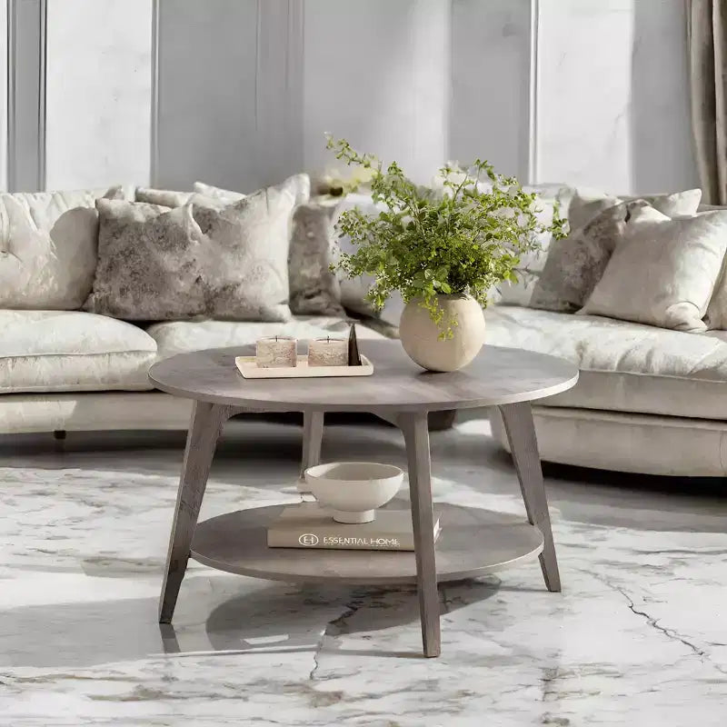 Honigbrauner runder Couchtisch mit 2 Ablageflächen, Maße 80 x 45 cm, ideal für das Wohnzimmer