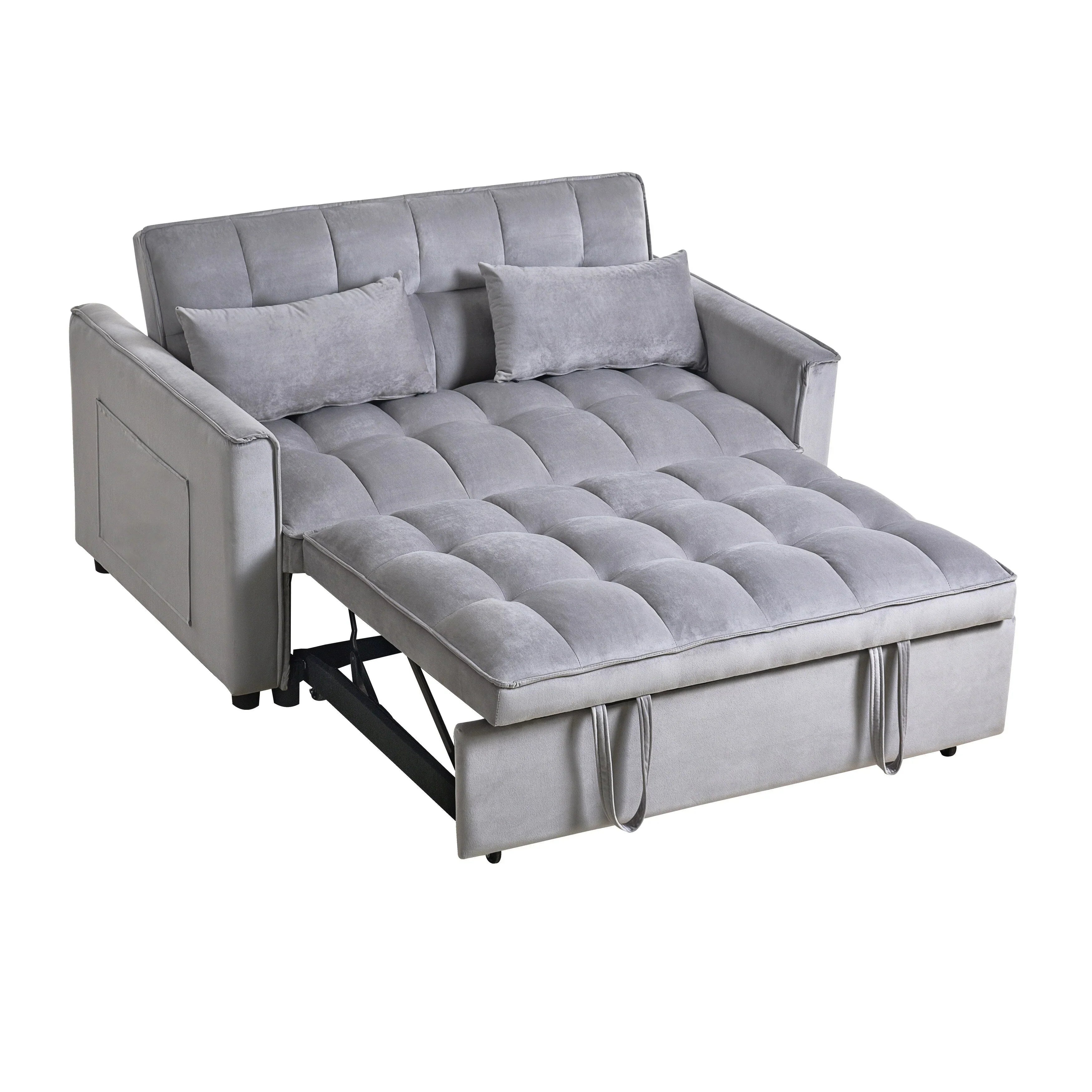 Modernes Schlafsofa zum Ausziehen, 3-in-1 Schlafsofa mit verstellbarer Rückenlehne, Samt-Zweisitzer, Kissen & Seitentaschen