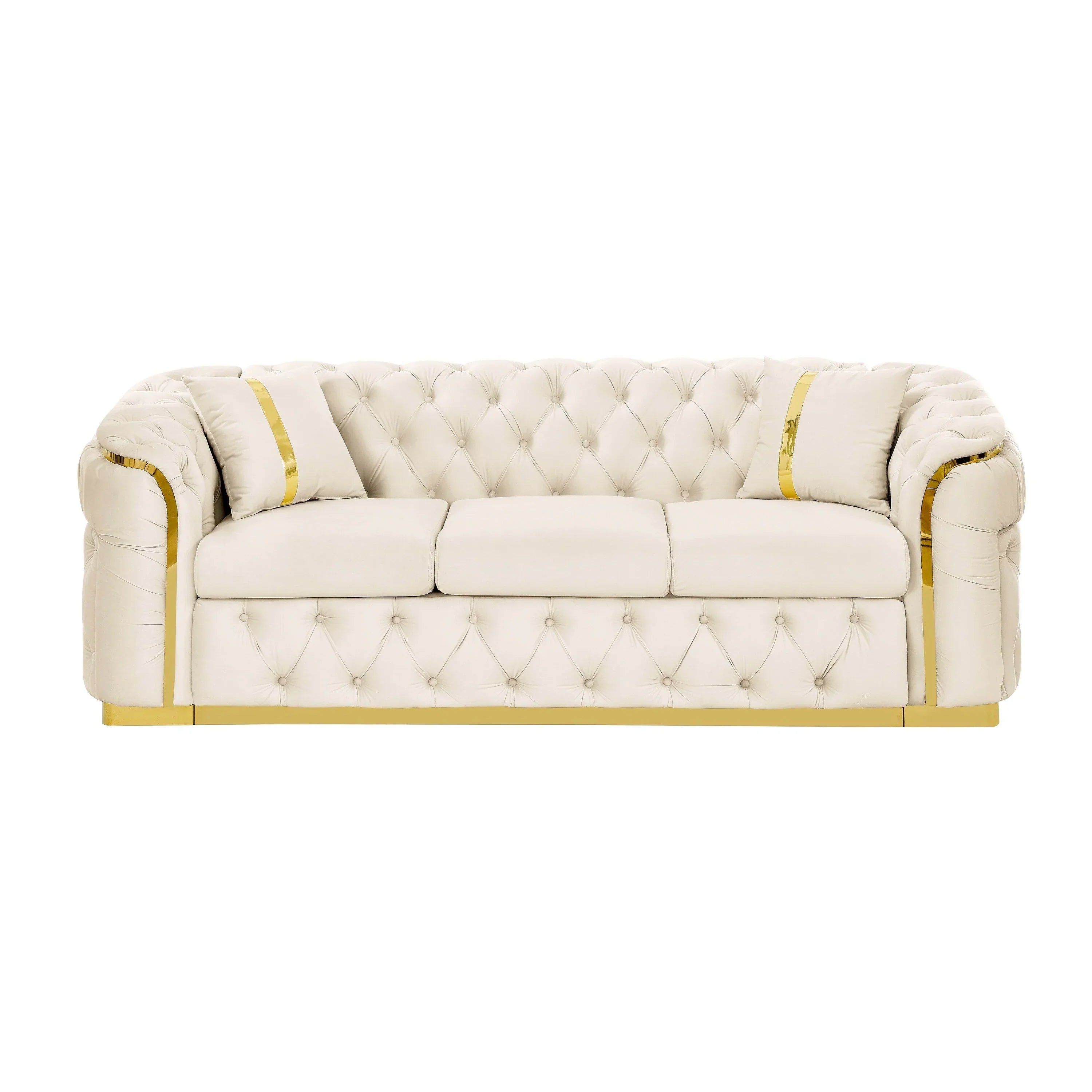 90.6 Samt-Dreisitzer-Sofa mit 2 Kissen, hochdichten Polstern, goldenen Akzenten und Kissen