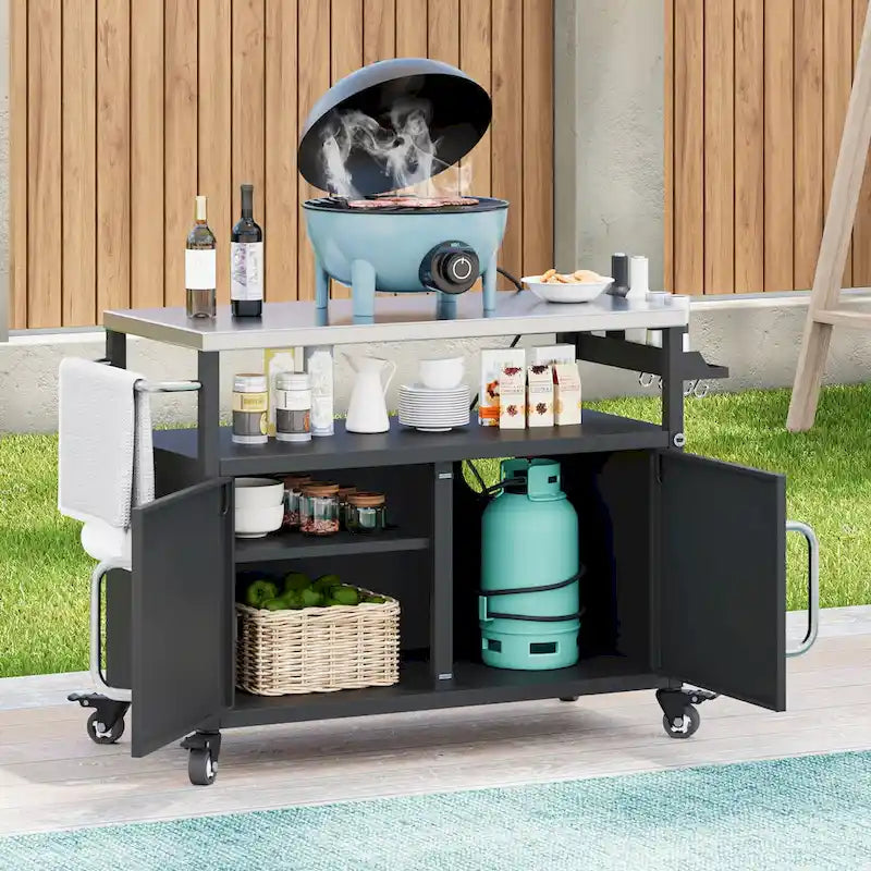 Outdoor-Kücheninsel mit Edelstahl-Arbeitsplatte, Metall-Grillwagen mit Stauraum - N/A