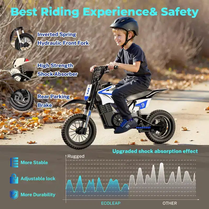 ECOLEAP K1 Elektro-Dirtbike für Kinder 36V, 25 km/h schnell, 22 km Reichweite, 700W Spitzenmotor, 3 Geschwindigkeitsmodi, 12 Zoll Offroad-Reifen, UL, Alter 3-10