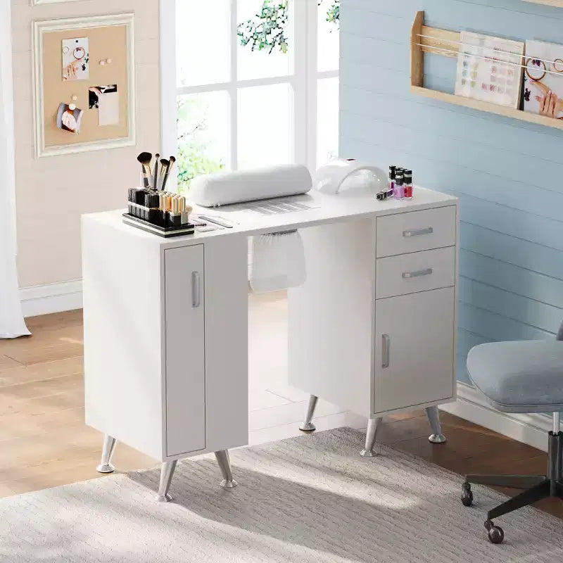 42'' Manikürtisch für Nageldesigner mit Staubabsaugung und Handauflage, Nageltisch mit vertikalem Ausziehschrank, 1 Aufbewahrungsschrank, 2 Schubladen