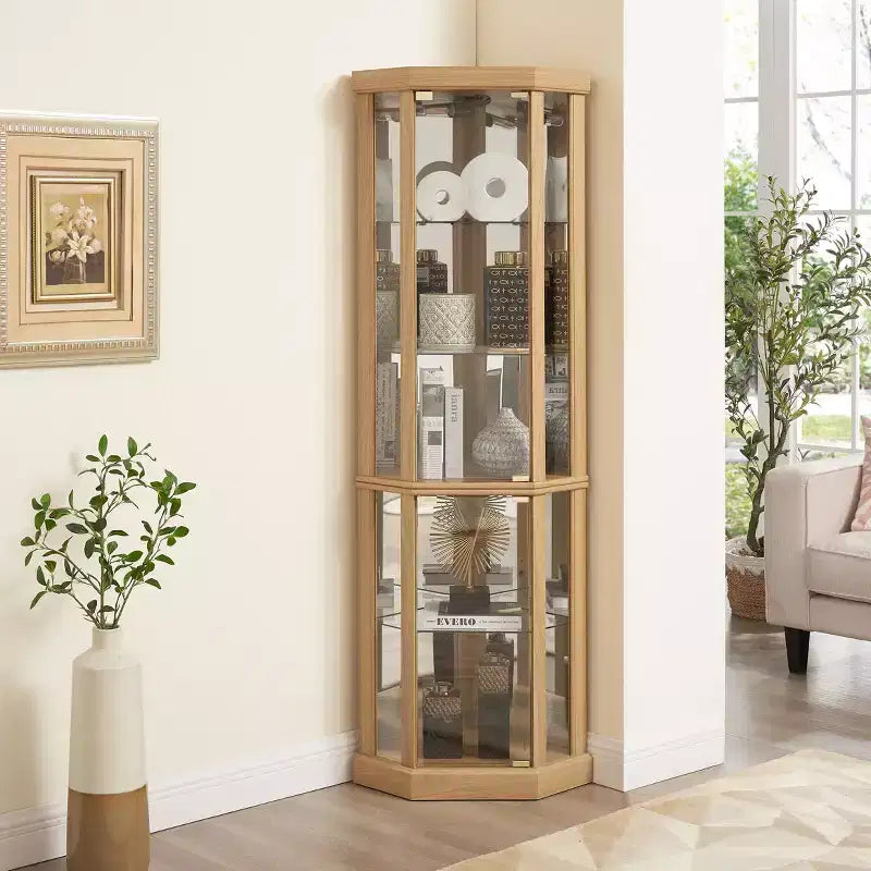 Eck-Vitrine mit Glastüren und Regalen, Eck-Schaukasten für das Wohnzimmer