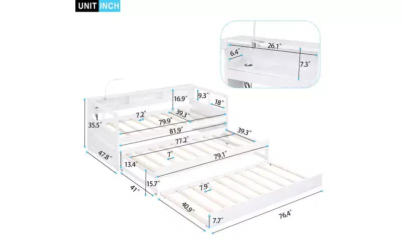 Whisen Twin XL Tagesbett aus Holz mit 2 Ausziehbetten, 3 Staufächern, 1 kostenloser Leuchte und USB-Ladefunktion