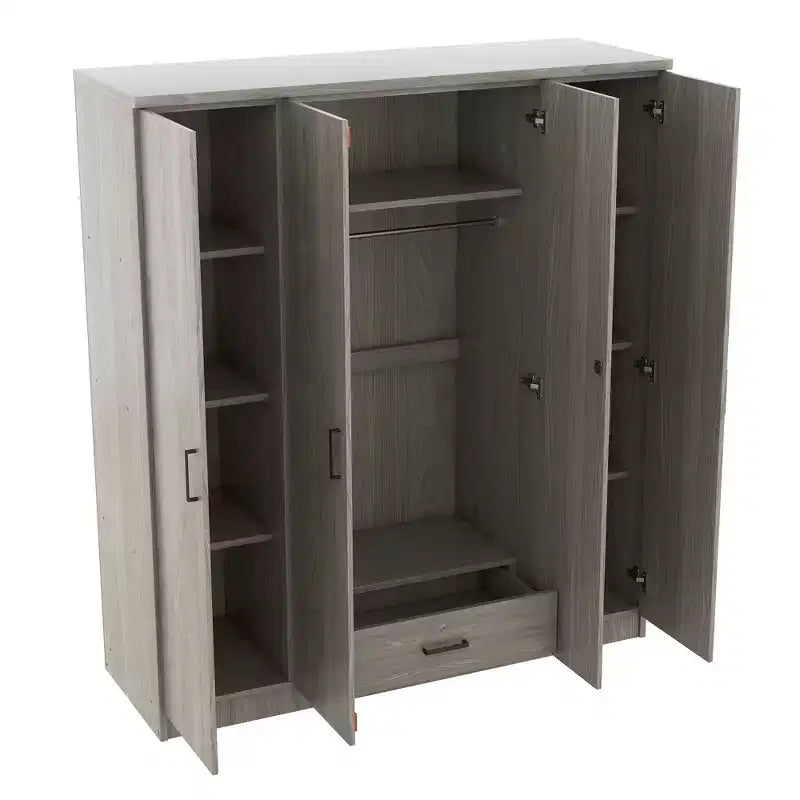 Holz-Kleiderschrank mit 4 Türen, Kleiderstange, 1 Schublade und Ablagefächern