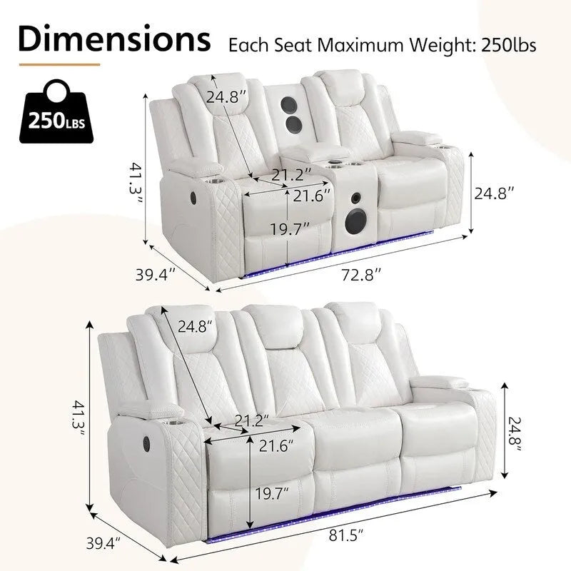 Elektrisches Relaxsofa mit kabellosem Ladegerät, Leselampe für das Wohnzimmer, Kunstleder-LED-Beleuchtung, AC/USB-Anschluss, Getränkehalter, Schwarz