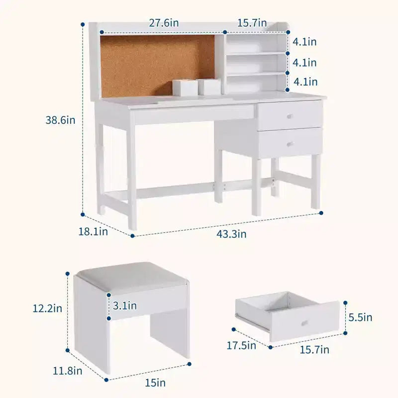 Kinder Schreibtisch und Stuhl Set, Holz Lerntisch mit verstellbarer Neigungsplatte, Schubladen & Korktafel - Schul-Lernschreibtisch Set für Kinder