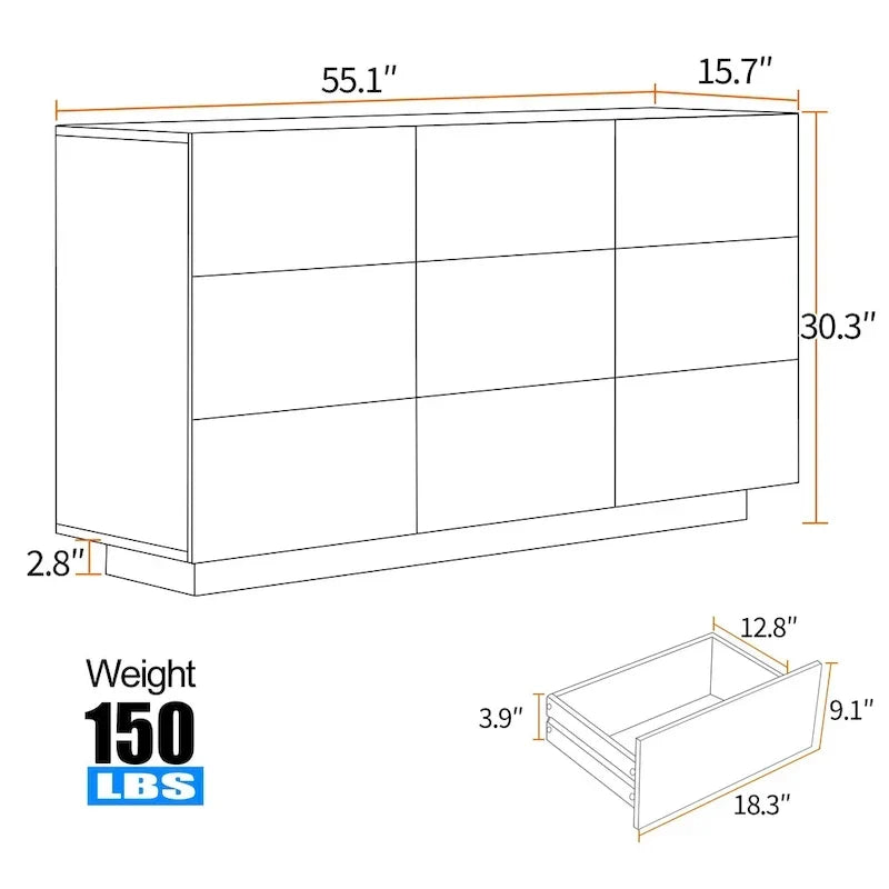 Kommode mit 9 Schubladen, Aufbewahrungsturm, Schlafzimmer-Organizer mit Licht