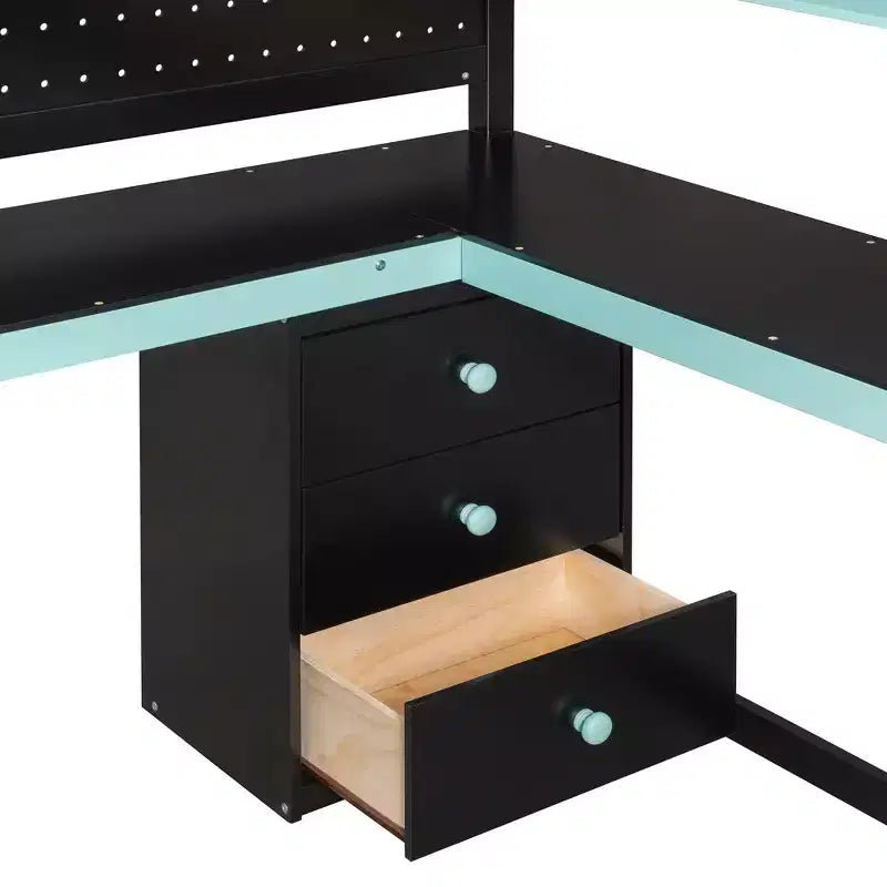 GDFStudio Scott hölzernes Gaming-Hochbett mit Stauraumtreppe, Schreibtisch, Regalen und Lochwand