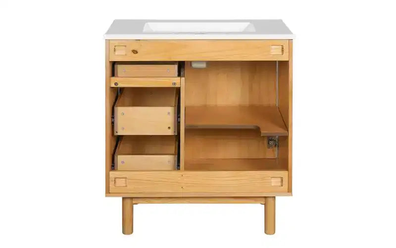 JVNOXK 75 cm Rustikaler Moderner Keramik-Waschtischunterschrank mit 3 Schubladen und 1 großer Soft-Close-Tür, Aufbewahrungsschrank, Naturholzmaserung