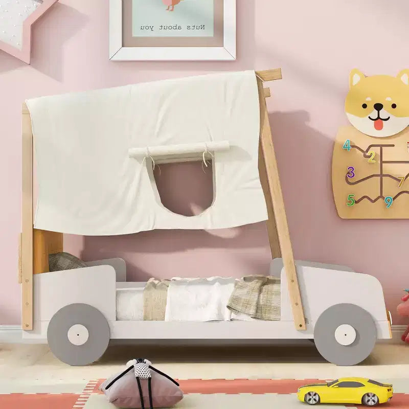 Whisen Holzauto-Bett mit Kissen, Himmelsstoff und LED – Natur