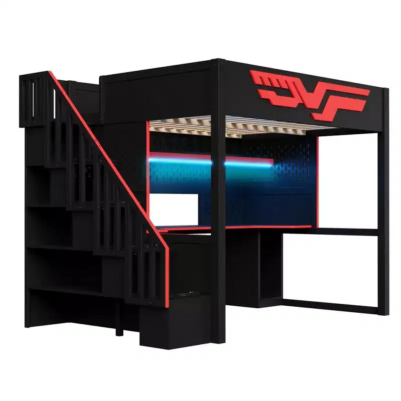 Vollständiges Gaming-Hochbett mit Schreibtisch und LED-Beleuchtung, großes Hochbett aus Holz mit Treppe und Stauraumtreppe sowie USB-Anschluss, Rot+Schwarz