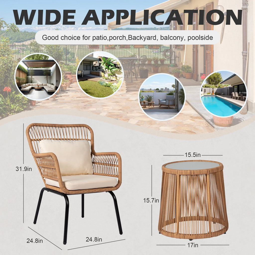 3-teiliges Outdoor-Bistro-Set aus Korbstühlen, witterungsbeständige Rattanmöbel-Sitzgruppe mit Kissen