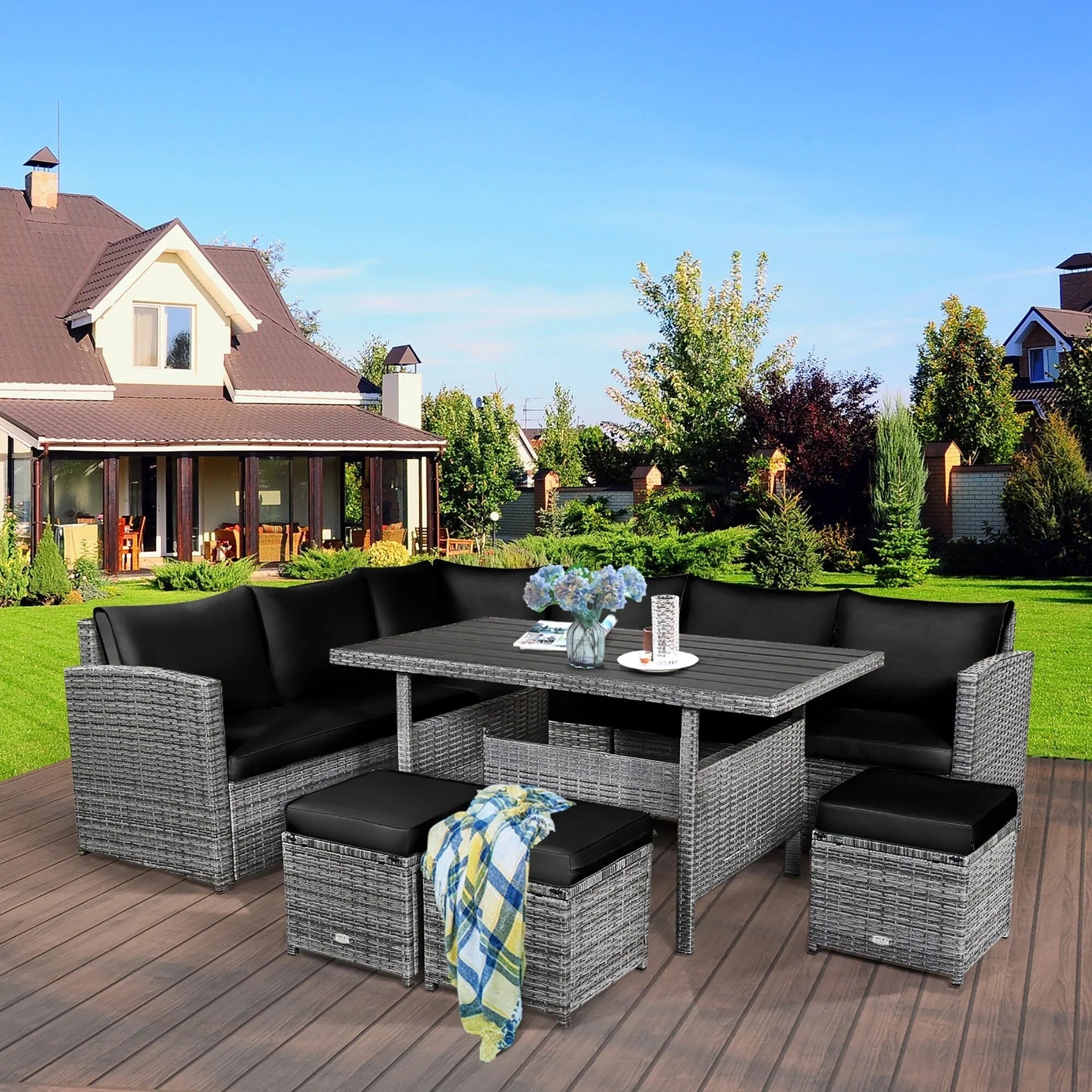 Costway 7-teiliges Terrassen-Essgruppe Rattan-Sofa Couch Ottomane – Details ansehen