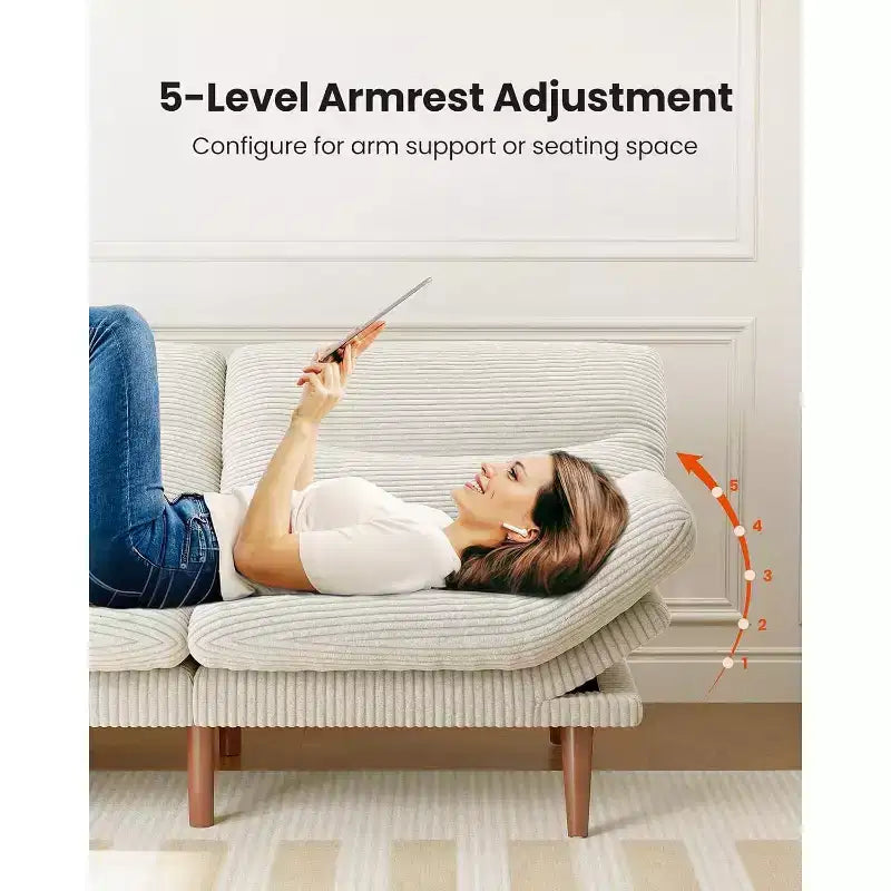 168 cm Cordsofa-Schlafsofa mit verstellbarer Rückenlehne und Armlehnen, geeignet für kleine Räume, Wohnzimmer oder Büros als Futon-Sofa.
