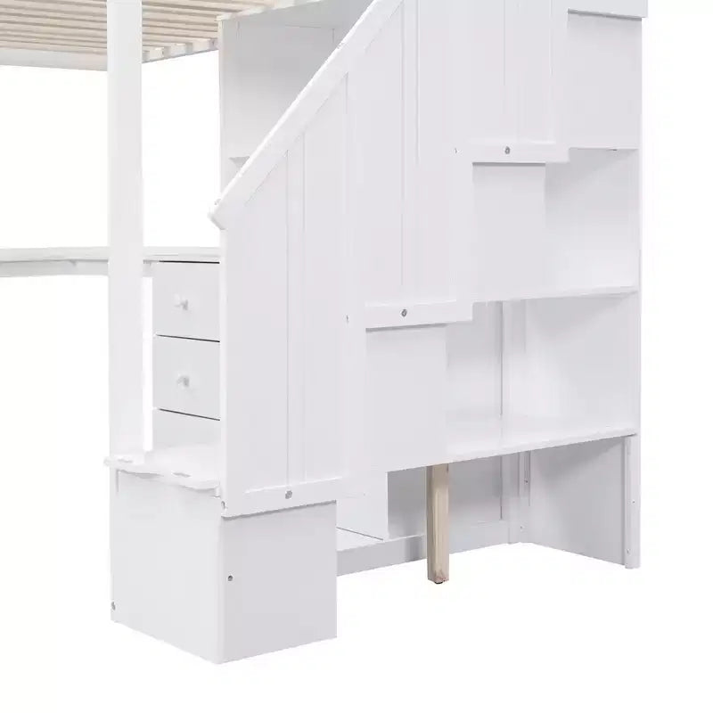 Hochbett in Twin-Größe mit L-förmigem Schreibtisch, 3 Schubladen, Schrank, Treppenstauraum, aus massivem Kiefernholz/MDF gefertigt