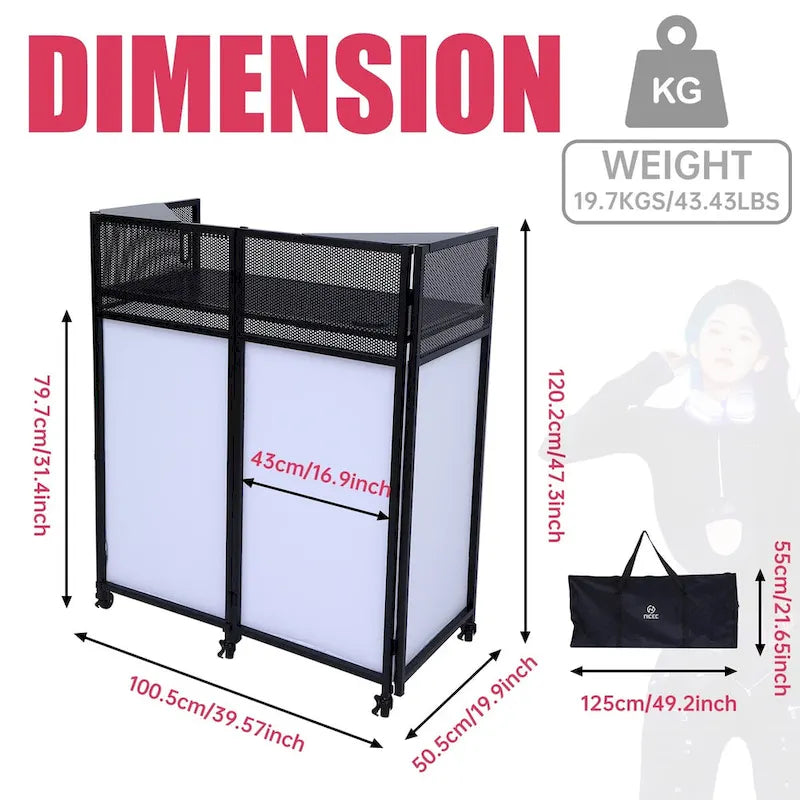 Tragbares DJ-Pult-Set mit integrierten Beleuchtungs-Scrims, stabiler Tragetasche und kompakten Abmessungen von 40x20 Zoll