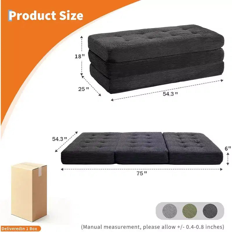 SunnyFurn 6 Zoll Dreifach-Klappmatratze Schlafsofa, 75x54,3 Schaumstoff-Gästebett mit getuftetem Cordbezug, tragbar für Camping, Wohnzimmer, Schlafzimmer