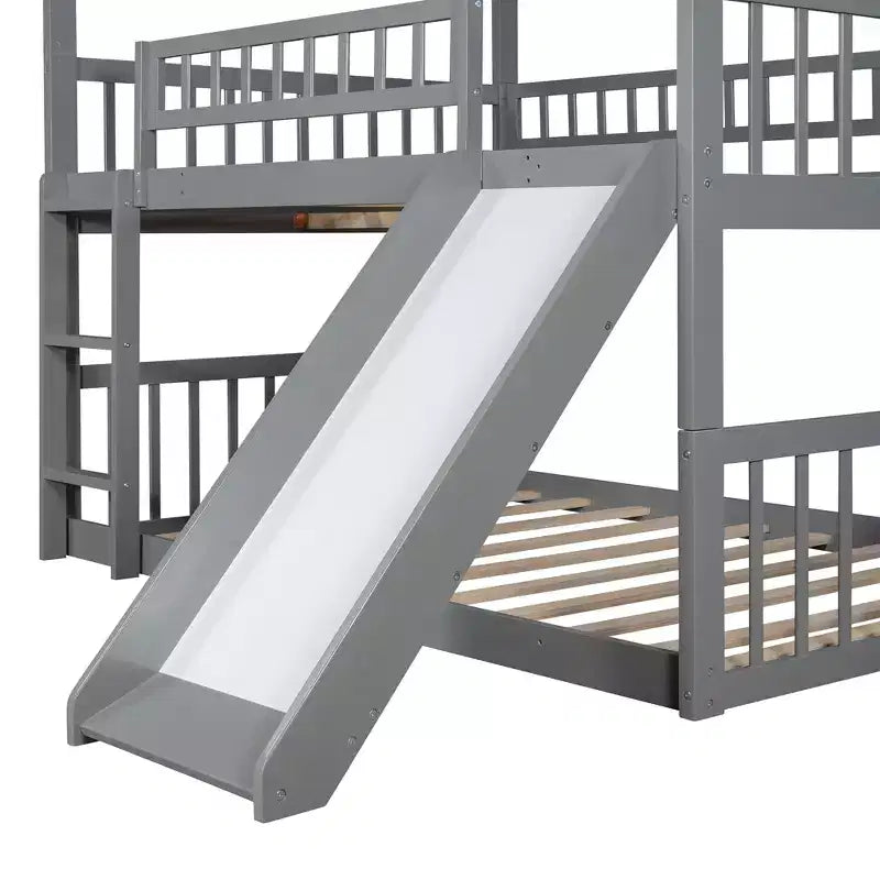 Doppelstockbett mit drei Etagen, Full-Size-Betten, umwandelbarer Leiter und Rutsche, Dreibettbett mit Schutzgeländern, Weiß/Grau/Espresso – ModernLuxe