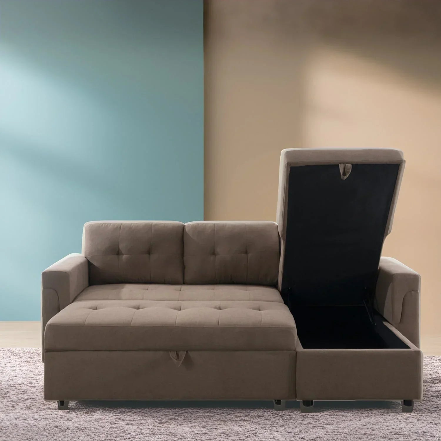 Verwandelbares, umbaubares Ecksofa mit ausziehbarem Schlafsofa, versteckter Aufbewahrung in der Récamiere und robusten Beinen