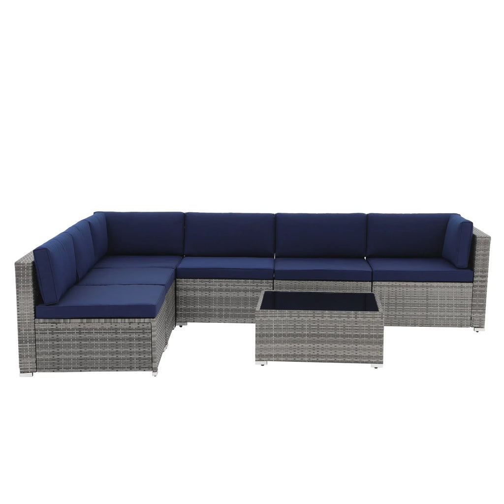 7-teiliges Outdoor-Sofa-Set aus Korbweide/Stahl mit Polstern