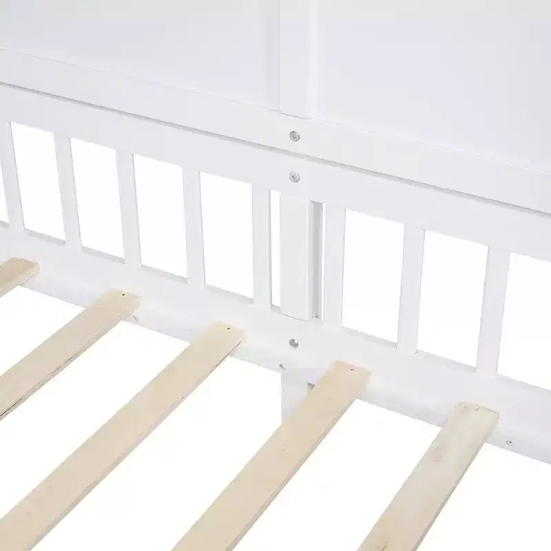 Hausbett in Twin-Größe mit Ablageregalen und Rausfallschutz, Montessori-Bettrahmen aus Holz für Kinder mit Fenster und glitzerndem Lichtband