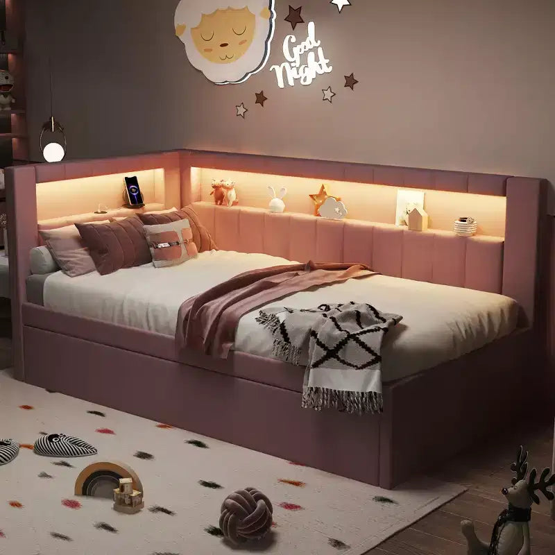 Einzel-/Doppel-Tagesbett mit Ausziehbett und L-förmigem Bücherregal-Kopfteil, gepolstertes Eckbett aus Leinen mit Ablageregalen und LED-Beleuchtung