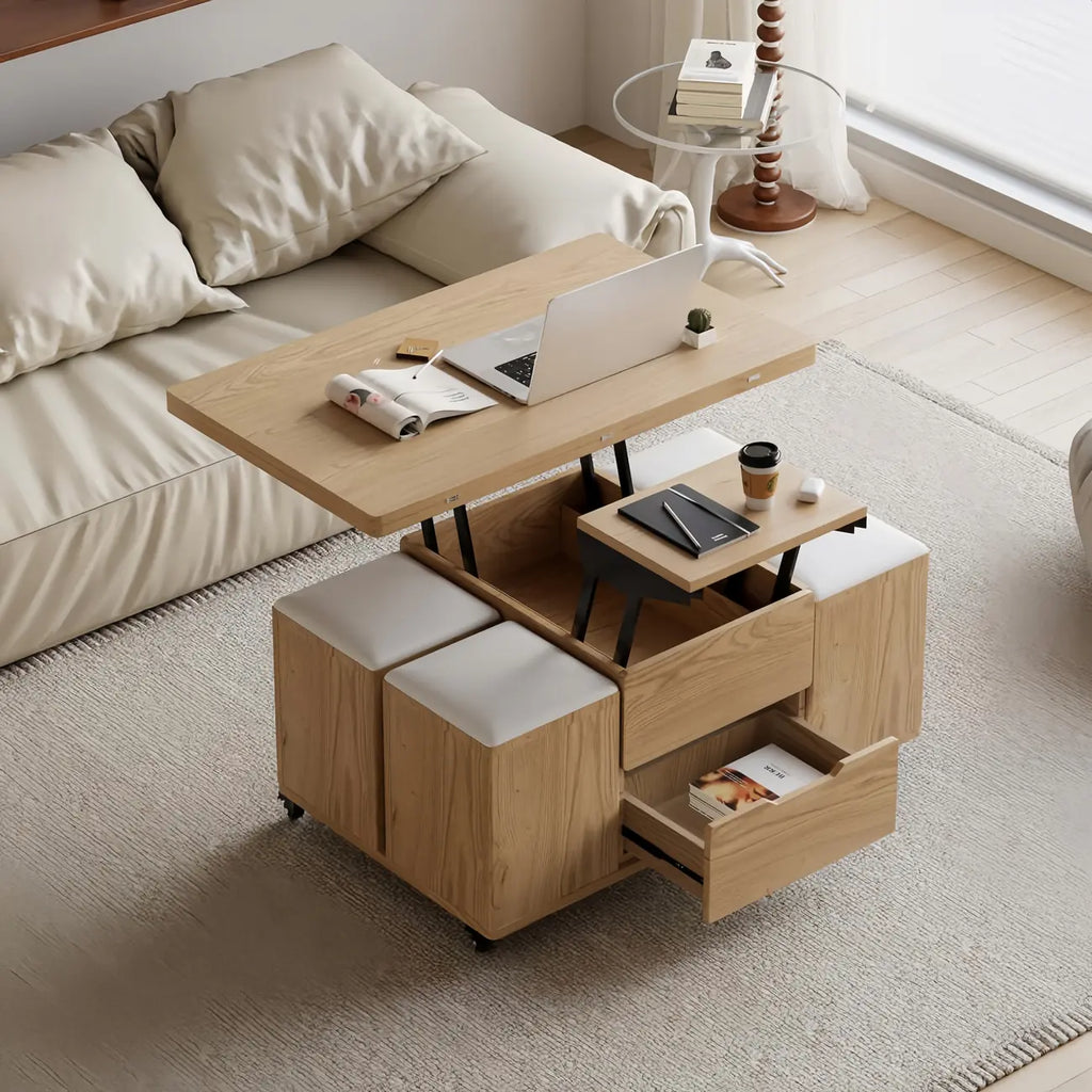 Klappbarer Couchtisch mit Liftfunktion, 4 Hockern und Stauraum