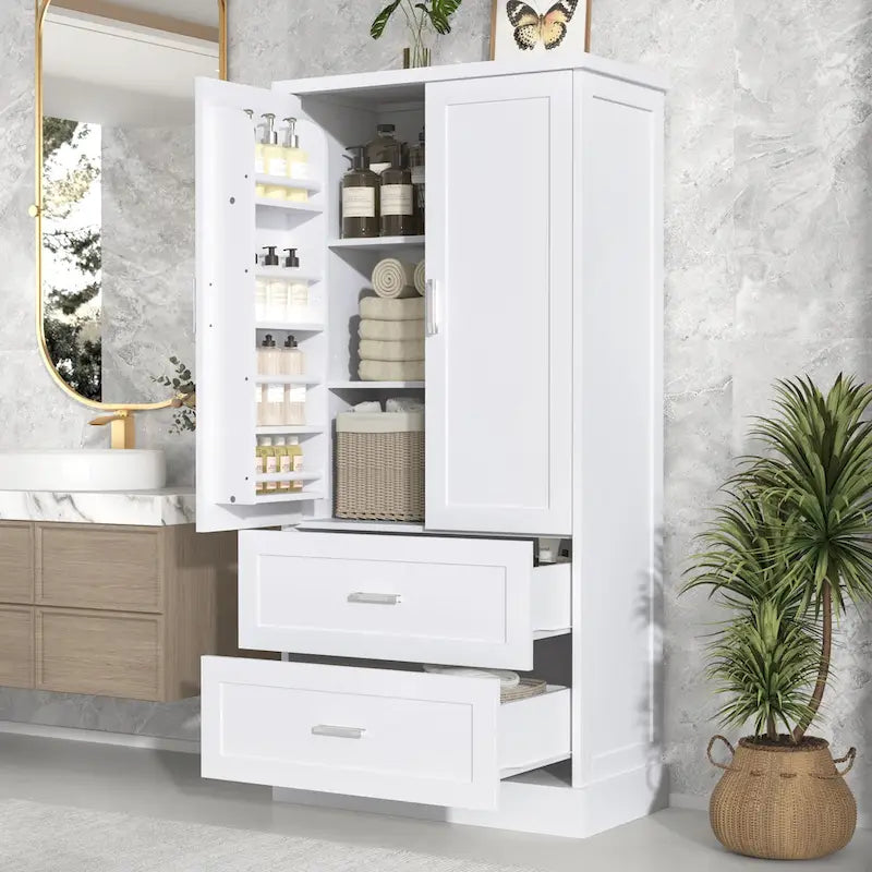 Hoher Badezimmerschrank, Schrank mit zwei Türen und Schubladen, verstellbarem Regal, MDF-Platte